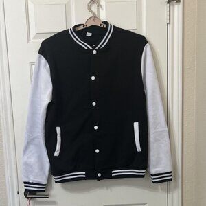 Varsity Jacket Mens 2XL Black White Snap Button Pockets Striped Trim Casual